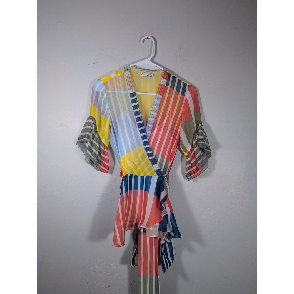 TANYA TAYLOR‎ Multi Striped Color.Block Lined Tie Back Blouse Size 0